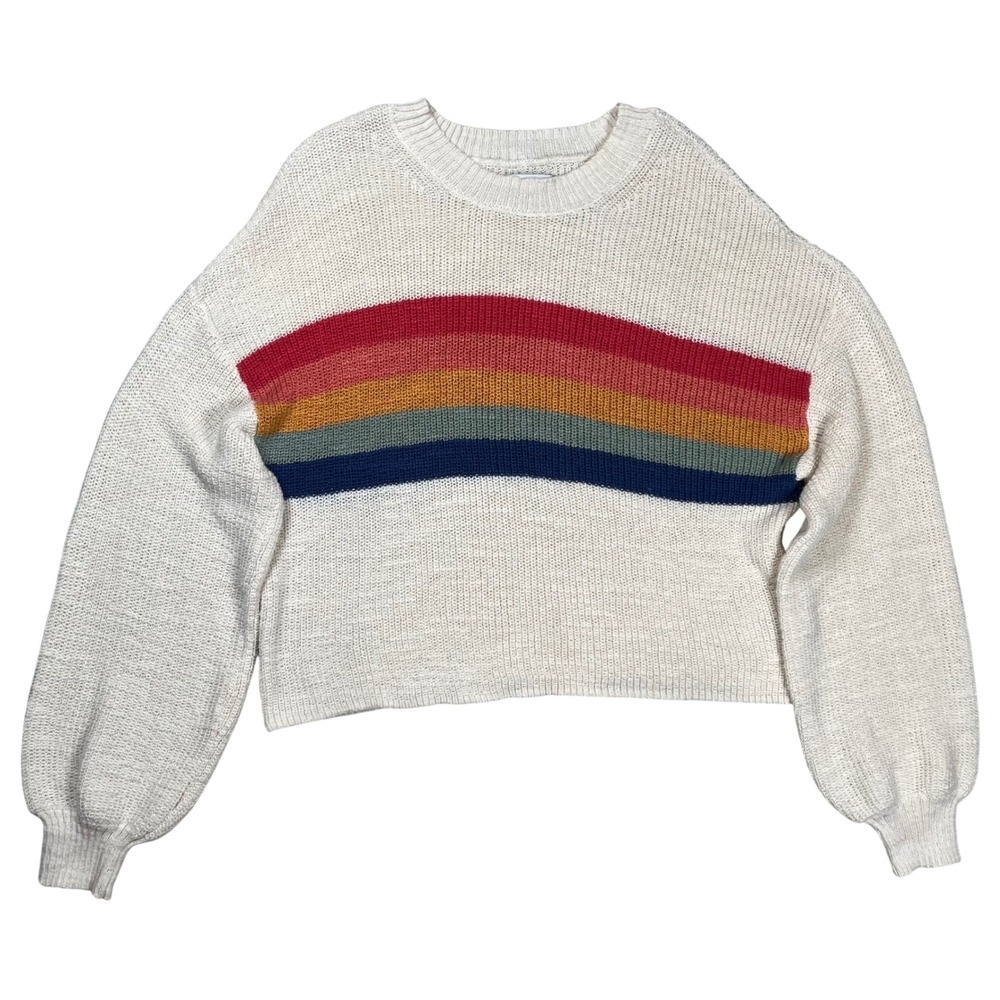 American Eagle Sweater Womens Medium Ivory Rainbow Stripe Balloon Sleeve Cropped